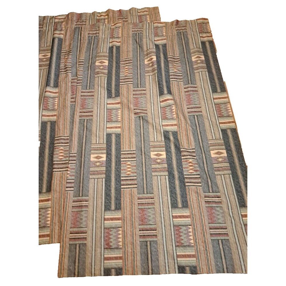 Vintage Geometric Curtain Panels Set of 2 W Tiebacks 80x63 Gray Red Southwest